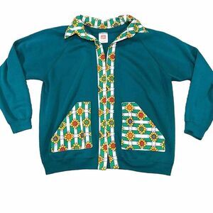 Vintage 90s Sweatshirt Cardigan Open Front Size Large Floral Teal Blue Green